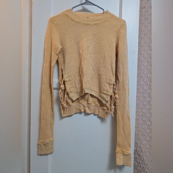 Free People One Interlanken Cropped Top in Orange Yellow Size XS Waffle Knit Tie - Picture 4 of 8